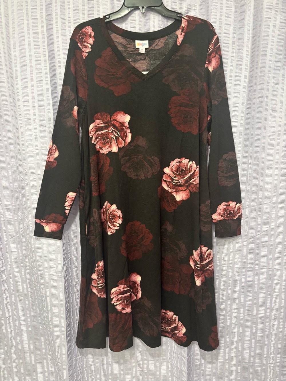 LuLaRoe Black Dress with Rose Print in Burgundy and Pink